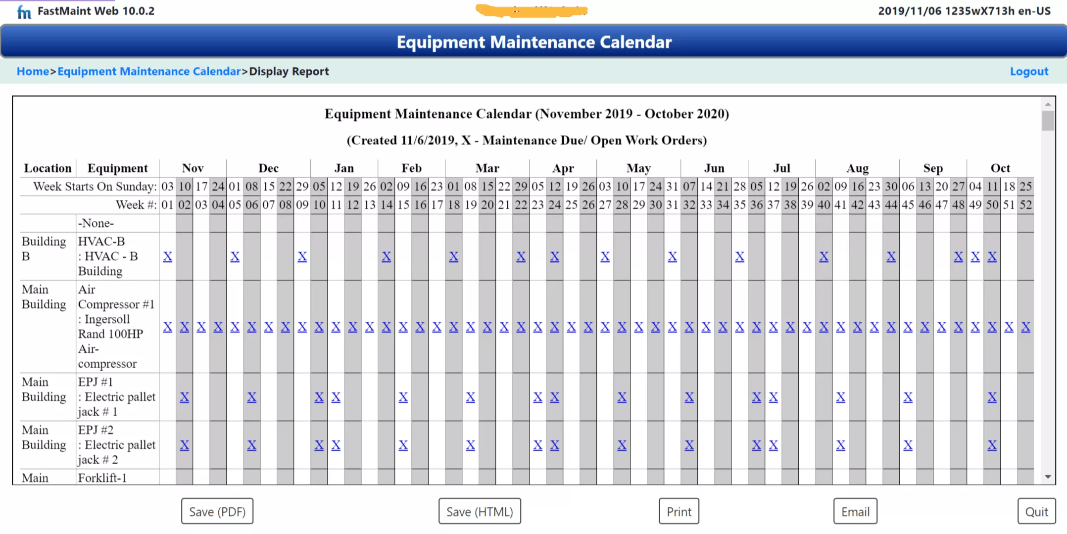 Equipment maintenance calendar report
