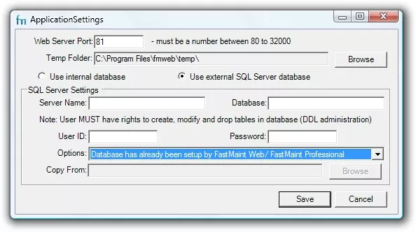 FastMaint Web Setup SQL Server
