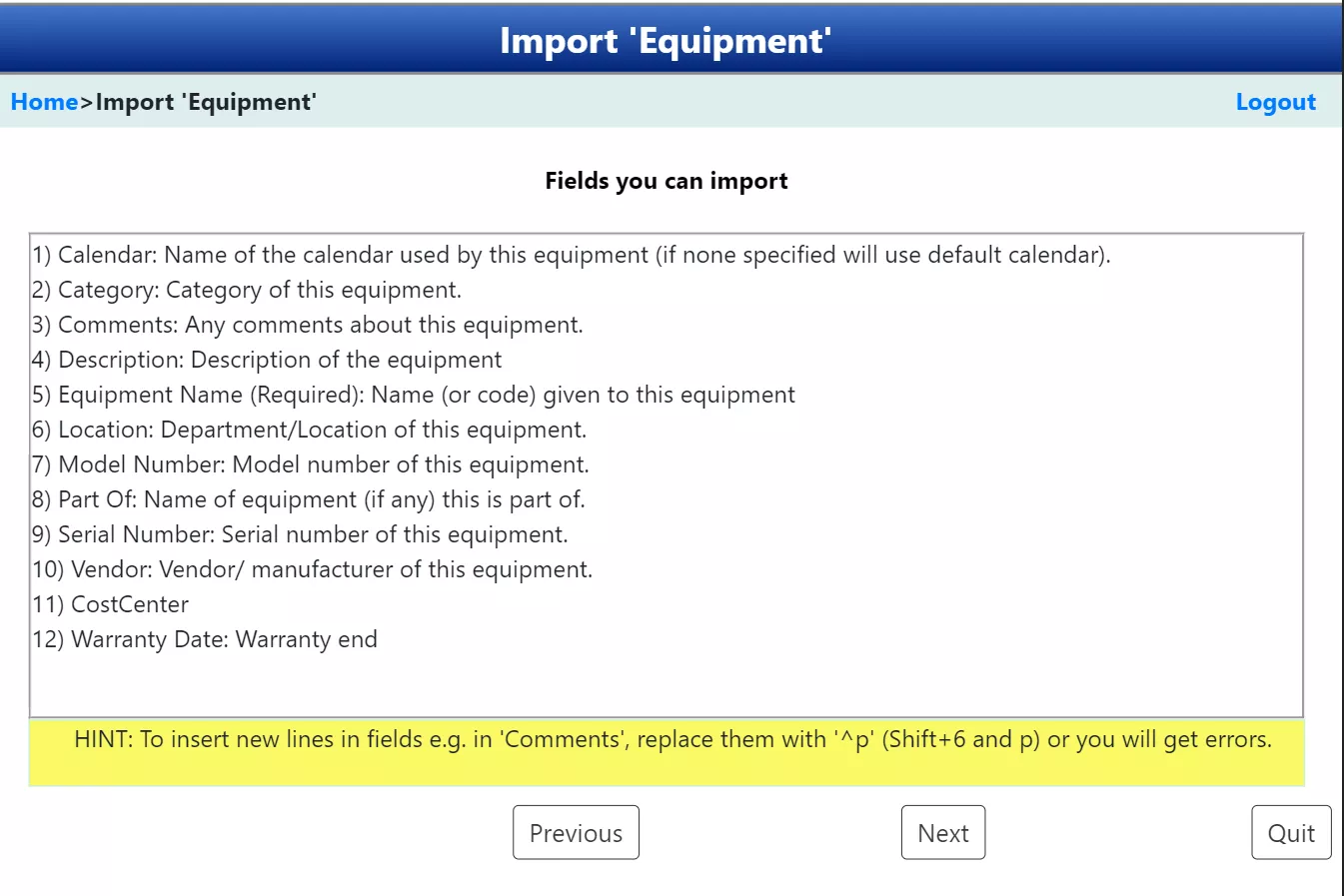 Import maintenance data