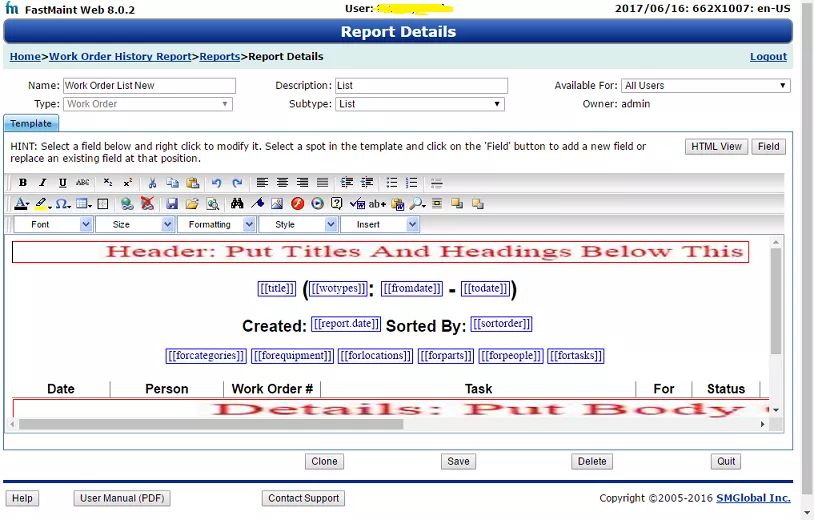 Work order list report template